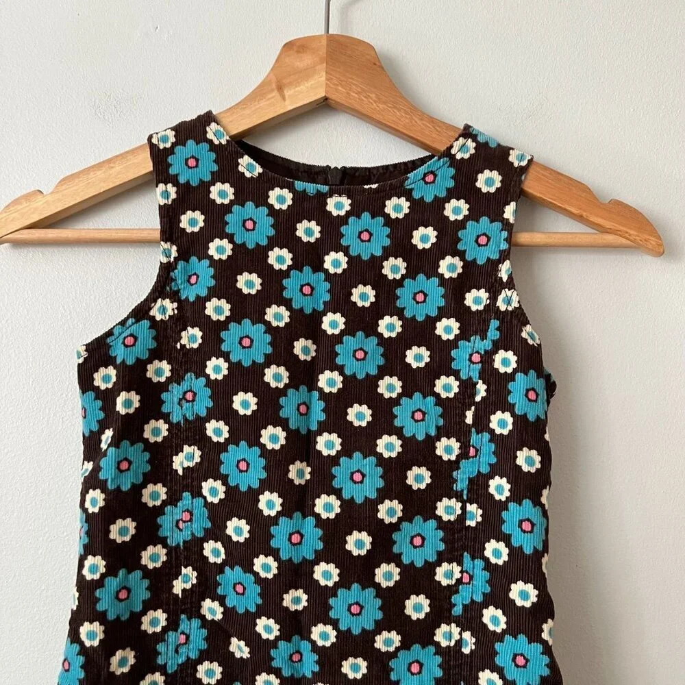 Boden Brown Blue Floral Corduroy Jumper Dress Girl's Size 7-8 Years